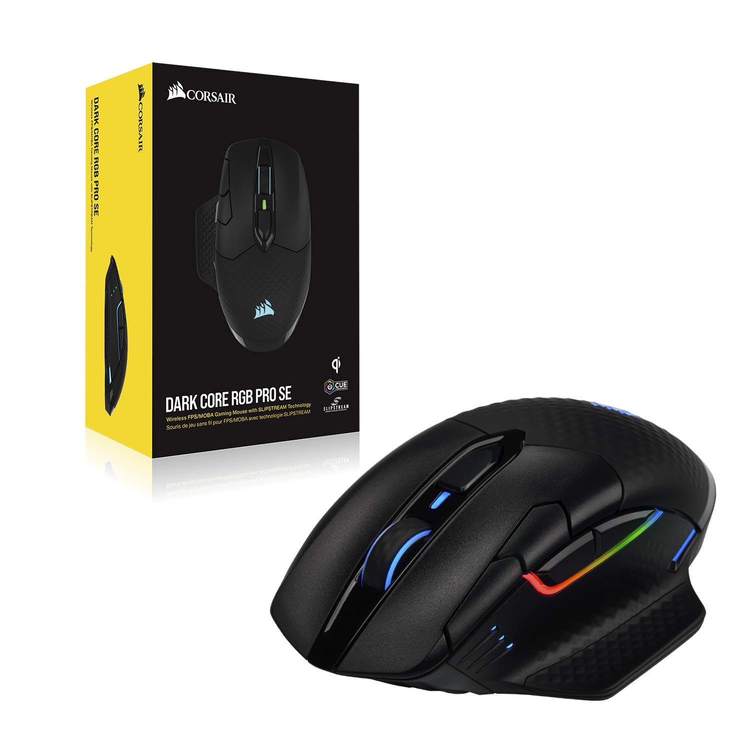 Corsair DARK CORE RGB PRO SE Souris gaming sans fil FPS/MOBA (Technologie SLIPSTREAM WIRELESS, Rétroéclairée RGB LED, 18 000 DPI Certifiée Charge sans fil Qi) Noir