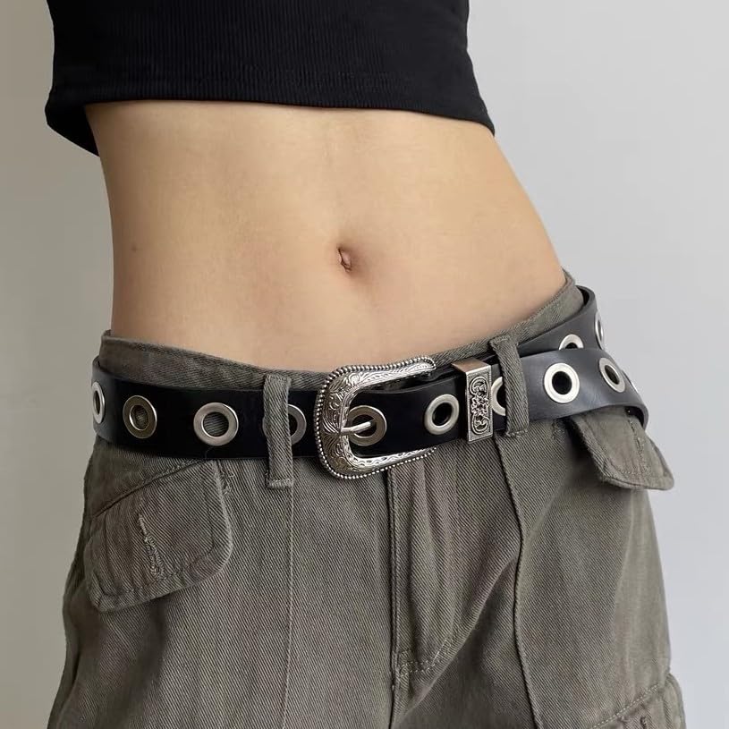 Western Style Leather Belt with Silver Buckle, Black, Metal Grommets, Decorative Tip3