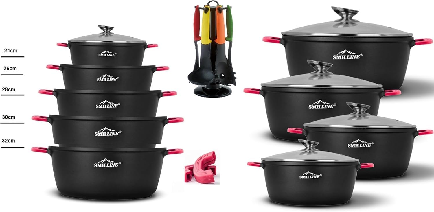 SMHLINE® - Set di pentole in alluminio pressofuso per induzione, diametro da 24 a 32 cm, con coperchio in vetro, antiaderenti, adatte per tutti i tipi di fornelli (set di pentole con utensile da
