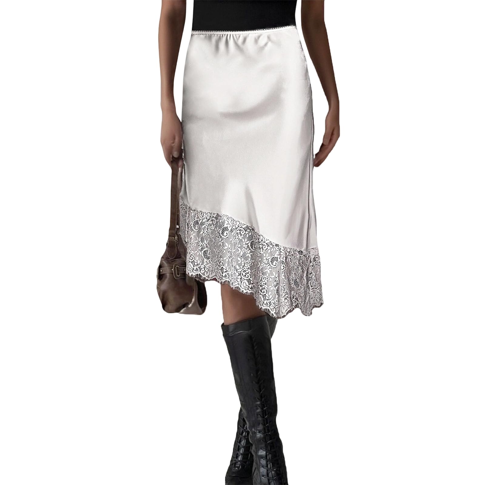 Jupe midi asymétrique Y2K en satin fluide et dentelle délicate