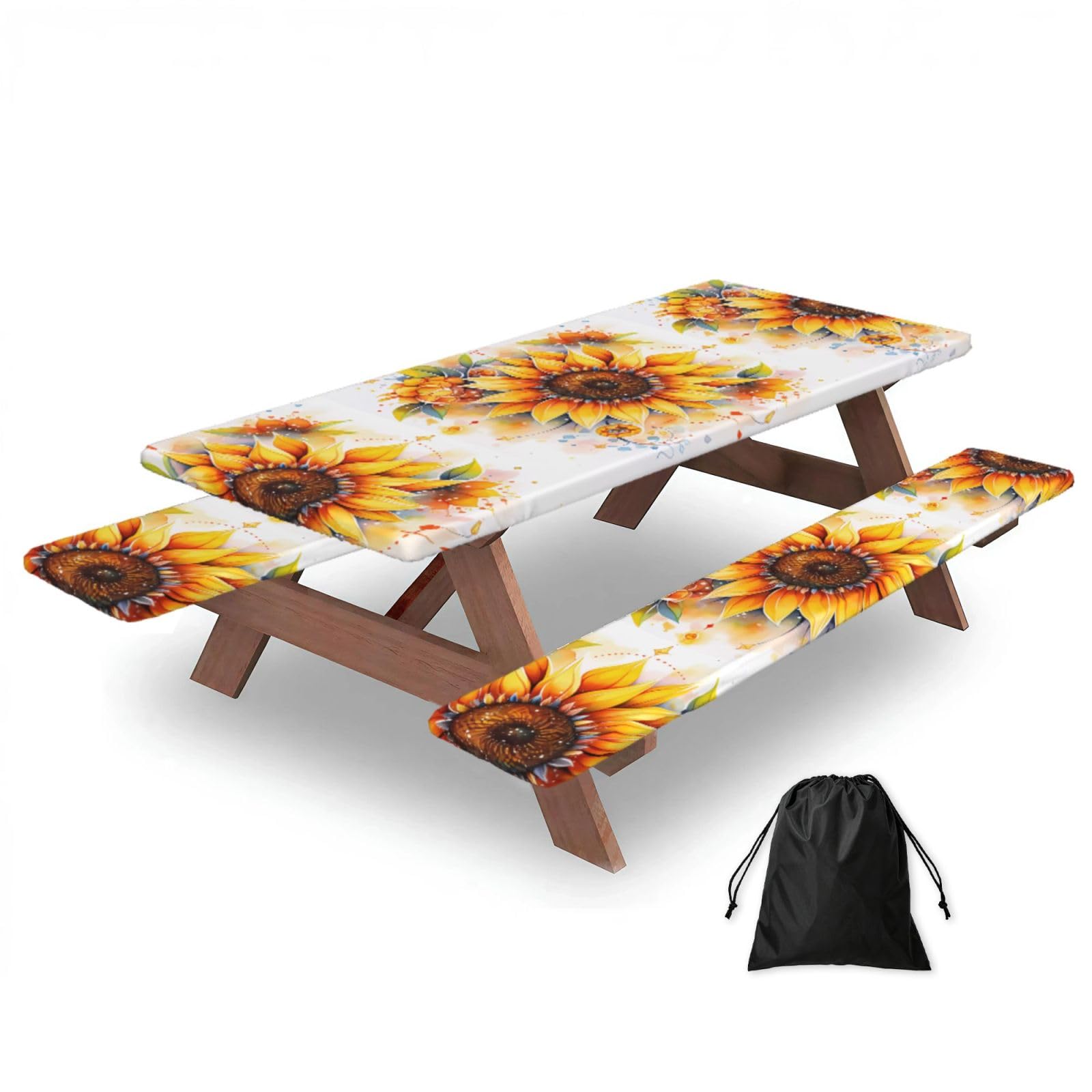 Hhbiuuo Black 72In Camping Table Cover & Bench Covers 3-Pack Set, Yellow Sunflower In Oil Print Tablecloths, For Rectangle Tables Picnic