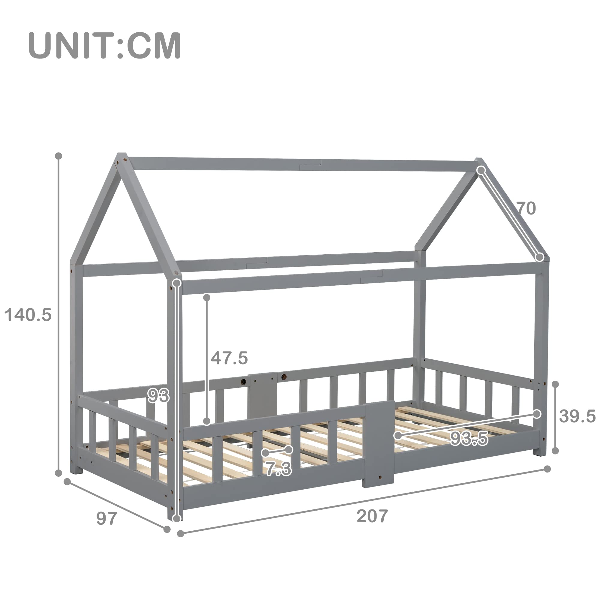 Lit Cabane Enfants 90x200, Lit Maison en Bois Massif avec Barrière Anti-Chute pour Chambre Enfant, Sommier Intégré, Gris,sans Matelas