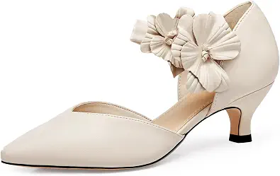 Coutgo Women's Low Kitten Heels Dressy Shoes with Flower Detail