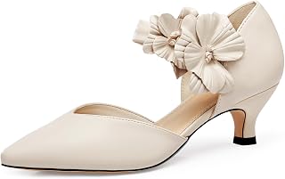 Coutgo Womens Low Kitten Heels Dressy Shoes Comfortable Closed Toe Flower Slip on Formal Party Dance Heeled Pumps