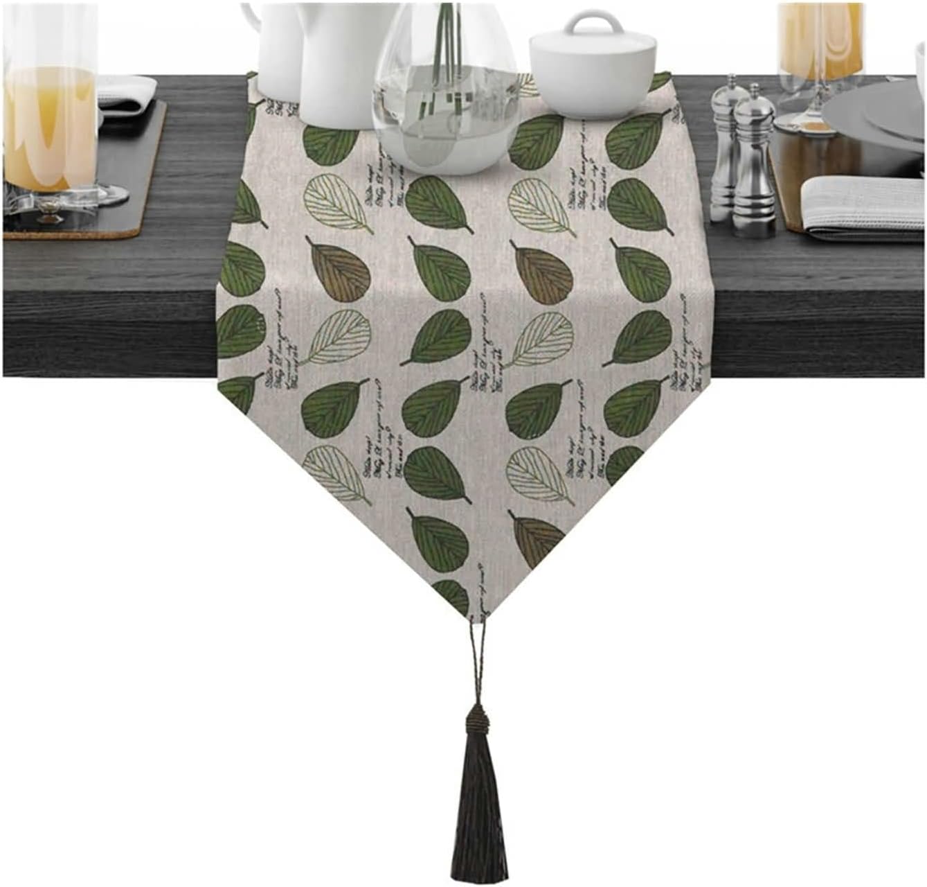 Cotton Table Runner, 142 inch Dining Table Runners Green Coffee Tassel Leaves Printed Small Side Table Runner Home Decor