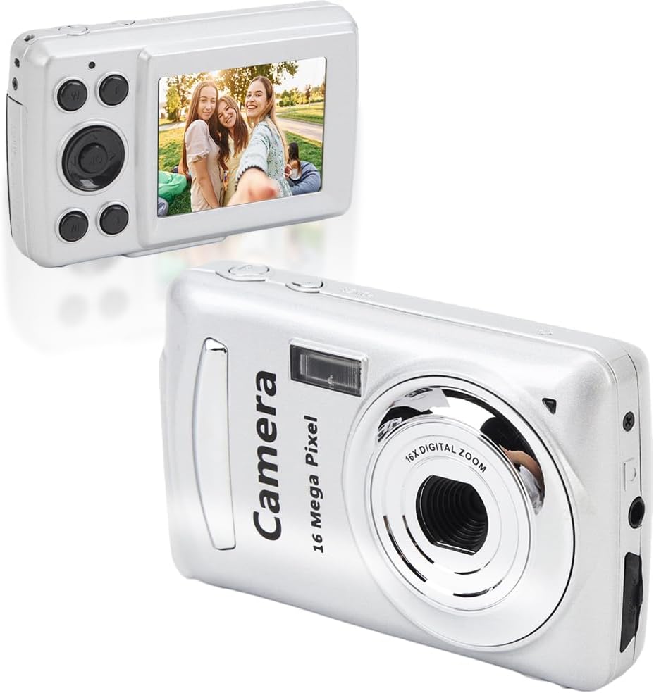 FHD 1080P Digital Camera Auto Focus, 2.4 16MP 16X Digital Zoom Portable Mini Camera, Anti-Shake Vlogging Selfie Cameras for Boys Girls Kids Teens (Silver Gray)