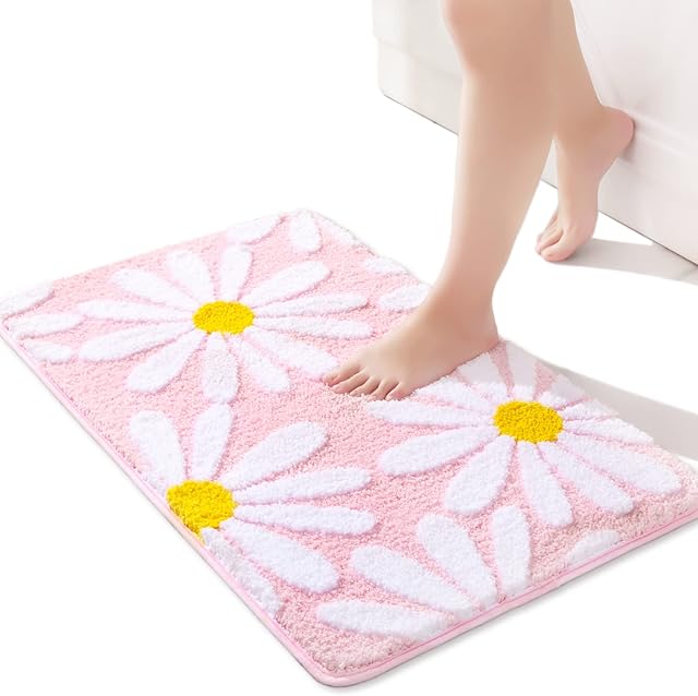 Pink Bath Mat White Flower Rug 40 x 60 cm, Non Slip Bath Mats for Bathroom, Soft Microfiber Bathroom Mat, Machine Washable Rug Durable Bathmat, Super Absorbent Floor Mat for Living Room, Shower