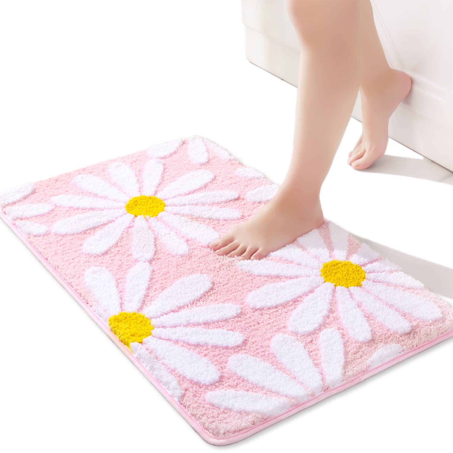 QJHOMO Pink Bathroom Rugs Cute Daisy Bath Mat White and Yellow Flower Decor Rug Non Slip Floor Carpet