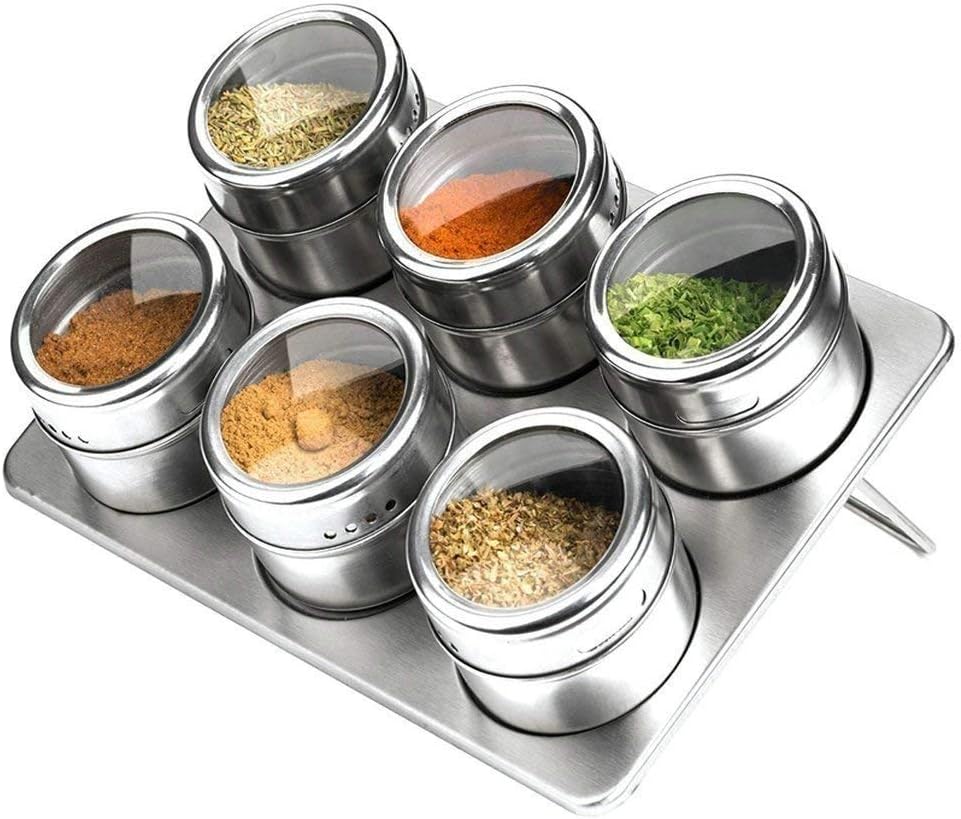 Baby PigNWSS Stainless Steel Spice Jars, Set of 6 Magnetic Spice Jars, Stainless Steel/Glass