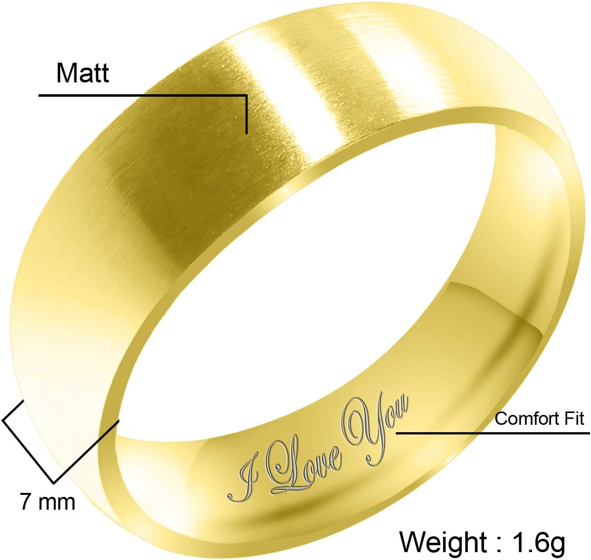 Everstone Women's Matte & Brushed 3MM & 5MM & 7MM Dome Promise Ring Wedding Bands Titanium Ring Color: Yellow Gold Engraved I Love You