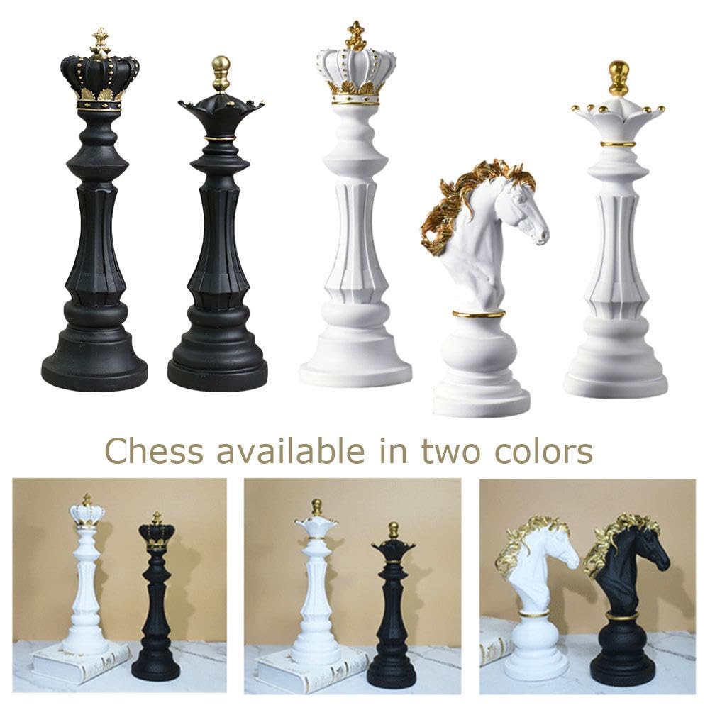 Statue Scacchi Decorativi - Set 3 Pezzi (Re, Regina, Cavaliere) In Resina Nero/Oro, Per Casa O Ufficio, Centrotavola