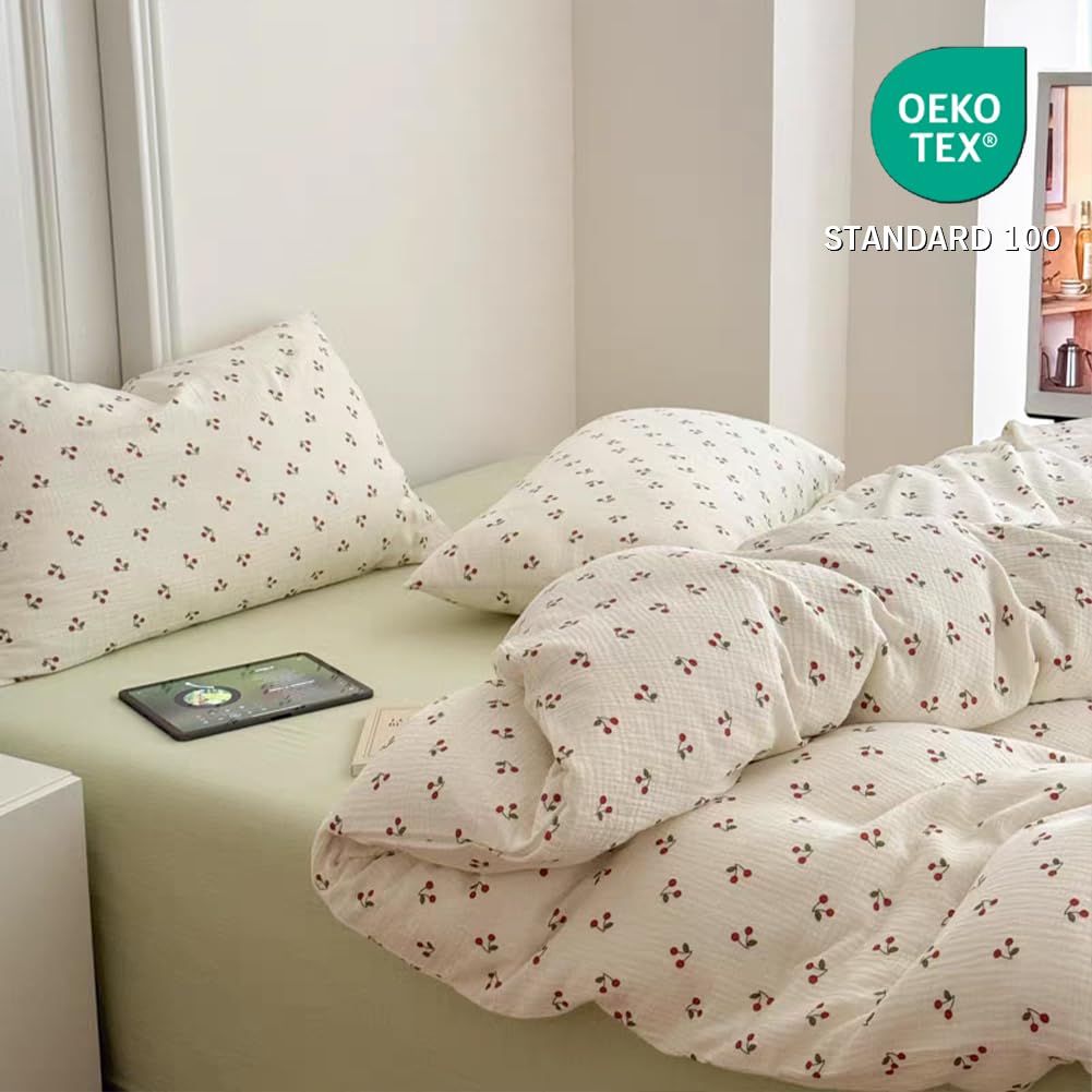 AShanlan Biancheria da letto per bambini 135x200 in mussola di cotone, biancheria da letto per bambini ragazze 135 x 200 cm + federa 40x80 cm, motivo ciliegie rosse, certificato Oeko-TEX, copripiumino