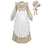 Women Pioneer Dress Colonial Costume Prairie Pilgrim Dresses with Apron and Bonet
