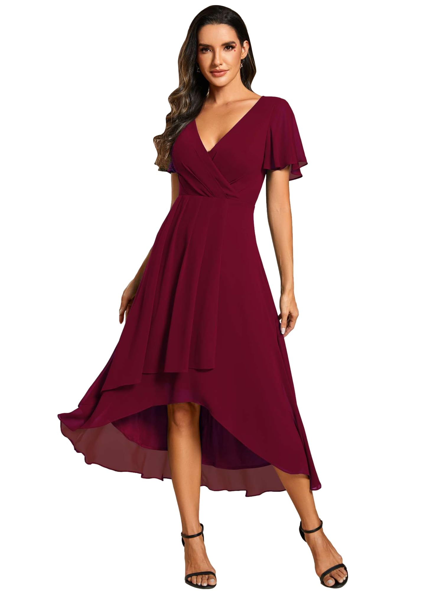 Ever-Pretty Robe D'Invité Jupe Trapèze Col en V Manches Volantées Robe Femme Chic Et Elegant Belle Robe Soirée Bordeaux 42