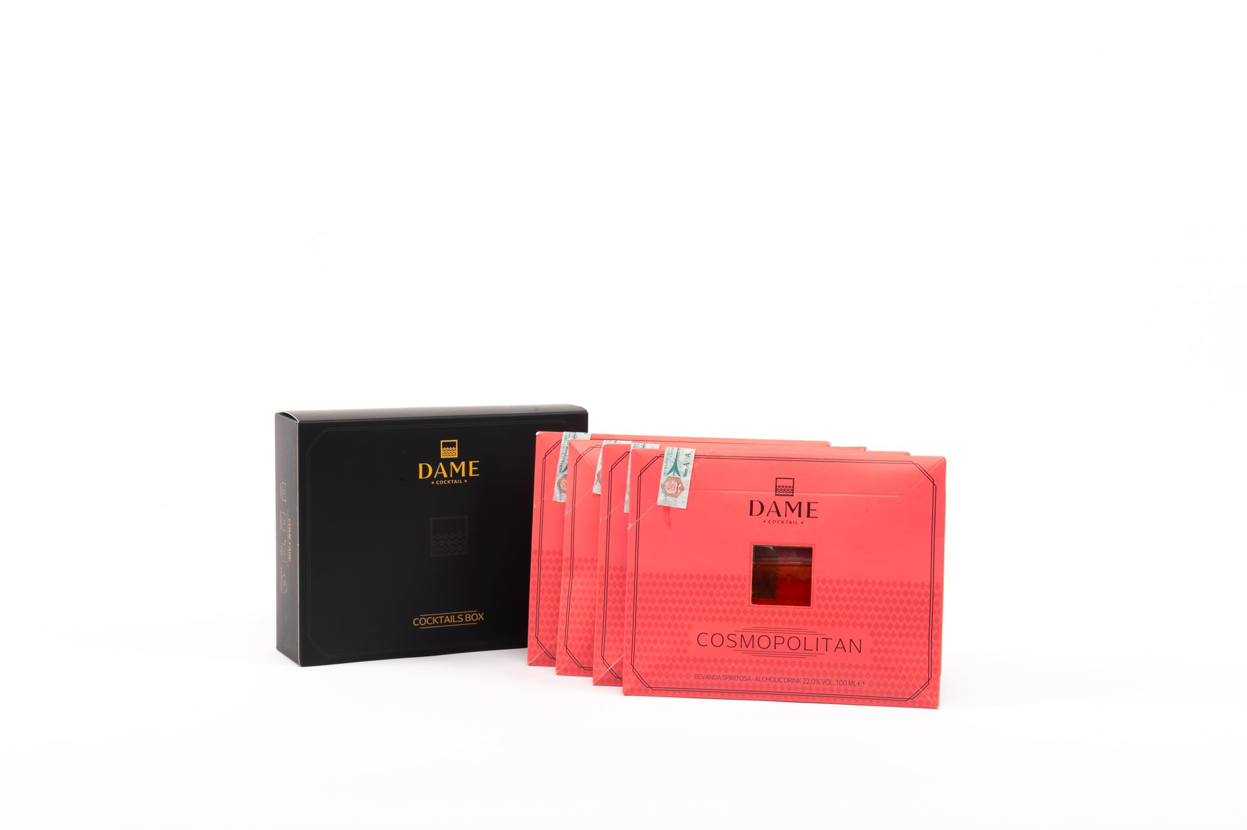 Dame Cocktail - Cosmopolitan pronto da bere, 4x100ml, cocktail premium prodotto in Italia con Vodka, Liquore d'Arancia, Succo di Mirtillo Rosso, Lime, Zucchero di Canna