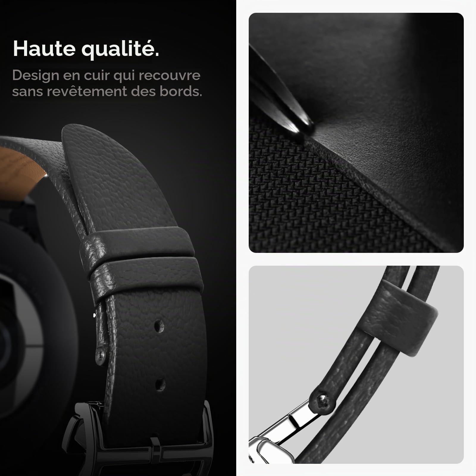 Spigen Enzo Bracelet en Cuir véritable Compatible avec Samsung Galaxy Watch 7 44/40mm, FE 40mm, 6/5/4 44/40mm, Classic 6 47/43mm, 5 Pro 45mm, 4 Classic 46/42mm, 3 41mm, Active 1&2 Bracelet - Noir