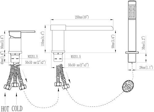 Miniatura 7 de TapLong Grifo de llenado de bañera en cascada con ducha de mano, juego de grifo de bañera romano generalizado, montaje en cubierta, 3 agujeros, Oro