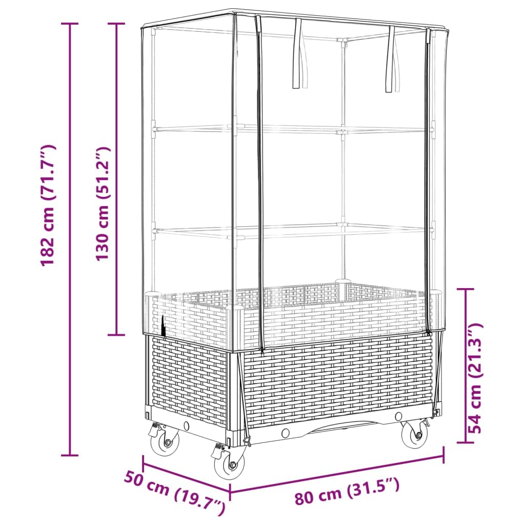Rattan-Optik Hochbeet mit Aufsatz und Rollen 80x50x182 cm für Garten Balkon und Indoor Pflanzenpflege