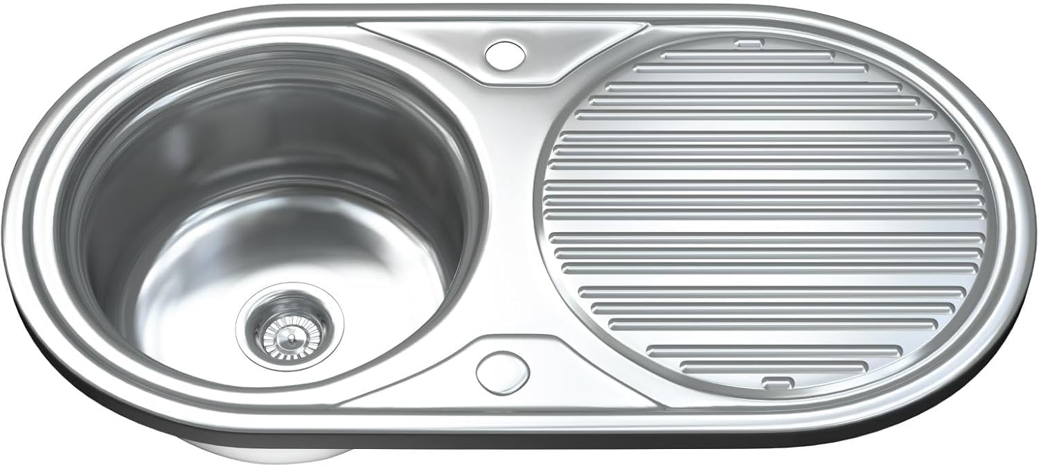 ARA CHOICE Stainless Steel 1.0 Round Kitchen Undermount Sink Catering Single One Bowl Reversible with Drainer & Inset Wastes Set 840x400x160mm