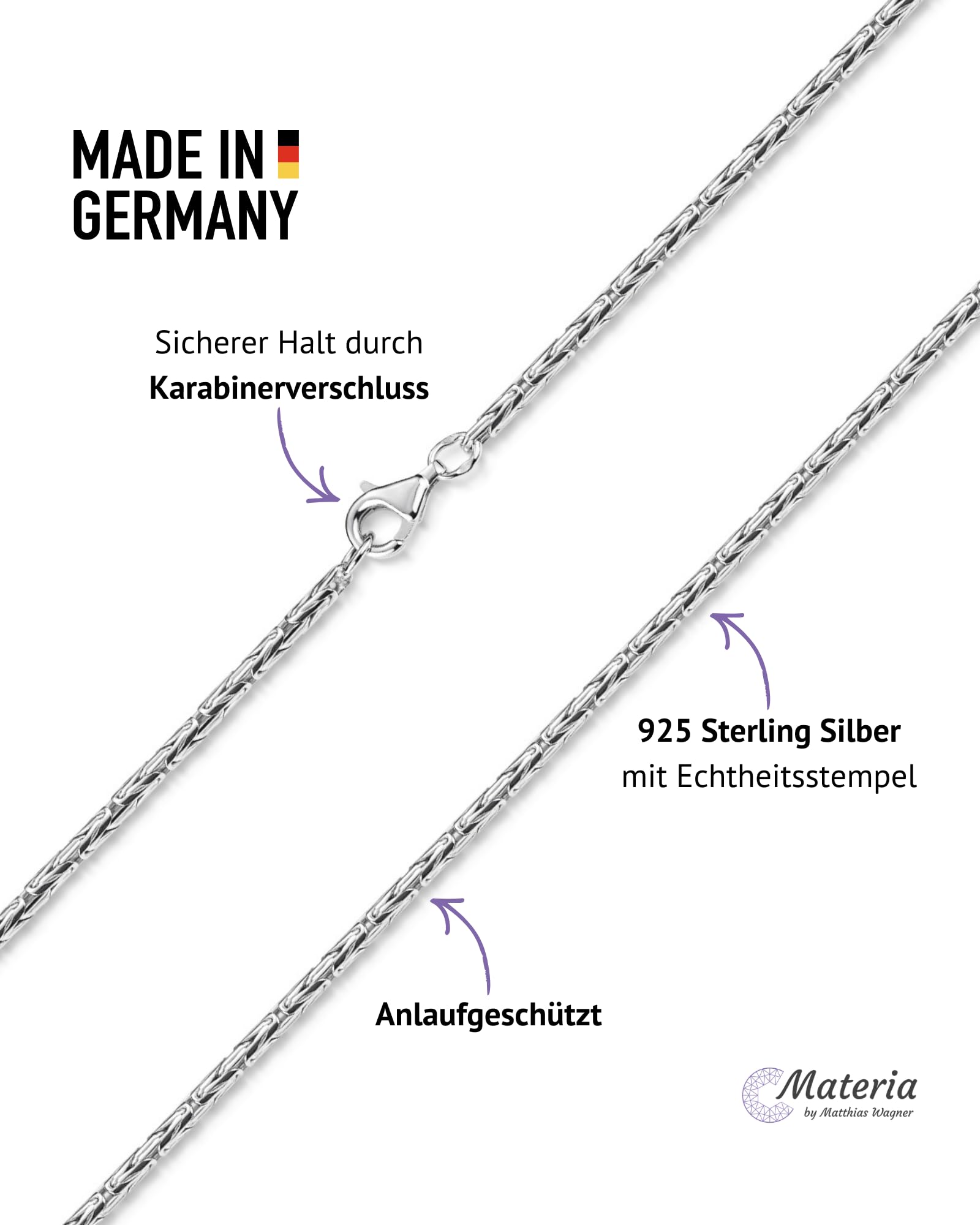 MATERIA by Matthias Wagner 925 Silber Königskette Herren Halskette 2,5mm rund rhodiniert 40-70cm + Schmuck Box #K74