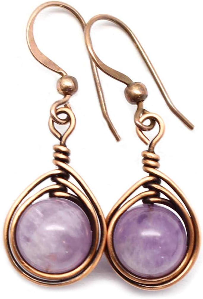 Pillar of Salt Studio Handcrafted Solid Copper Earrings with Lavender Amethyst Gemstone (Antiqued Copper, 1" drop)