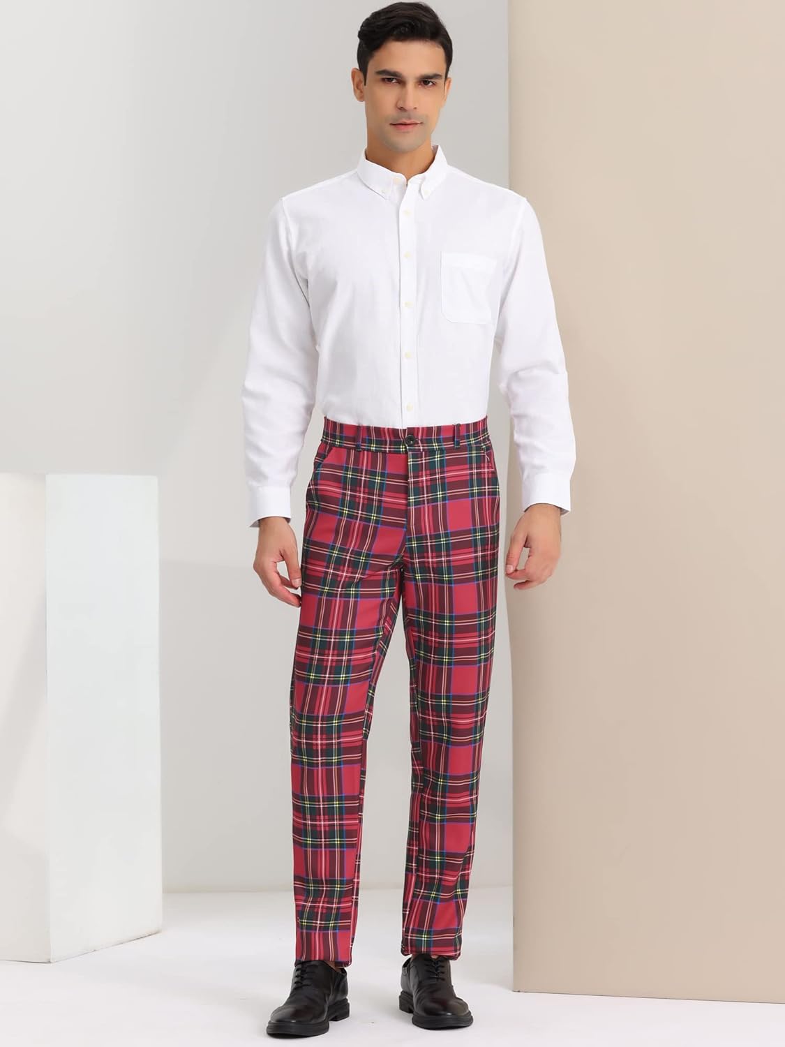Lars Amadeus Men's Dress Plaid Pants Casual Regular Fit Flat Front Stretch Checked Trousers - Image 3