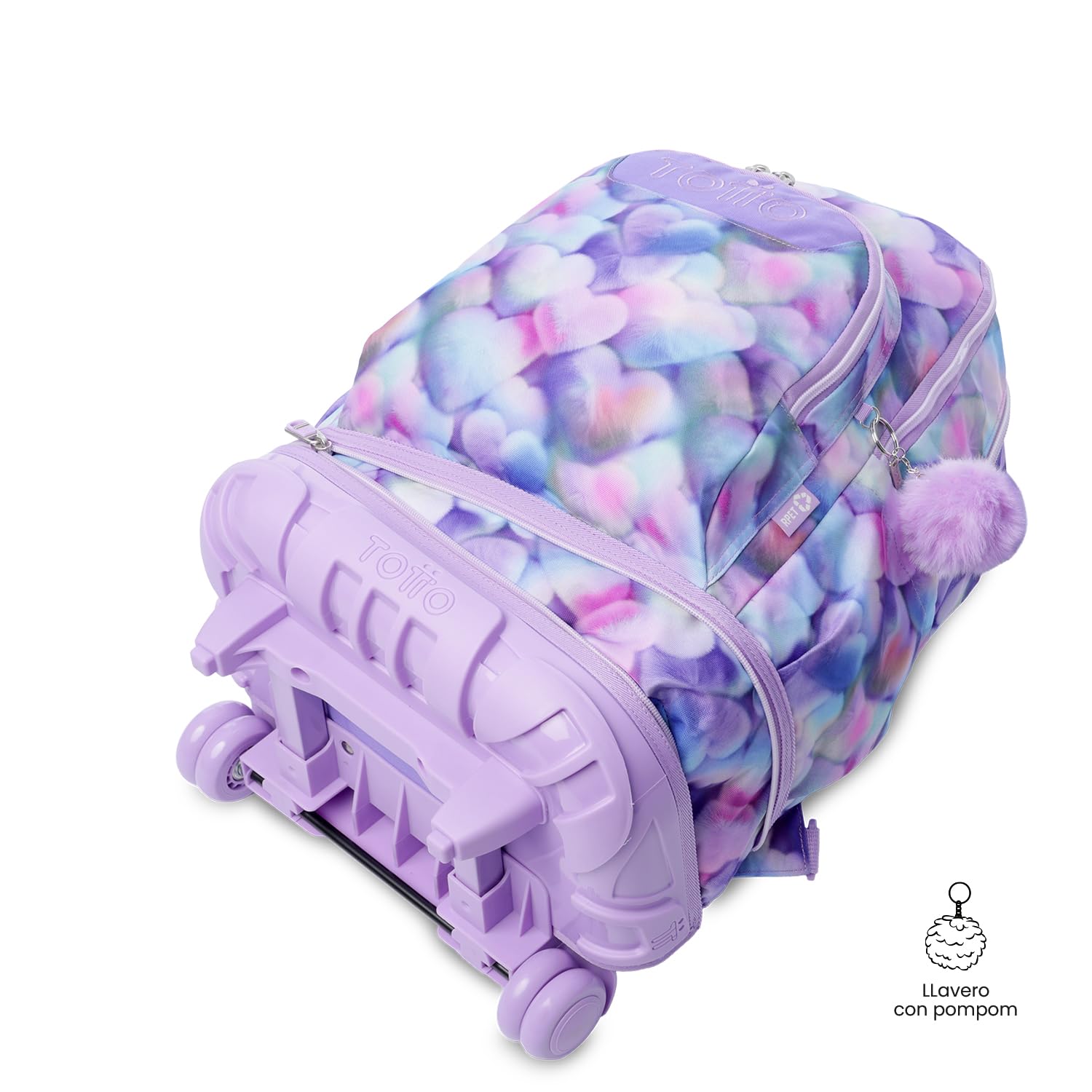 TOTTO - Mochila Escolar con Ruedas Desmontables, Modelo Tiza, Capacidad 26 L, Mochila PC 15.4", Bolsillo Botella, Manija Telescópica, Espaldar Ergonómico y Correas en S, Estampado Kory Morado