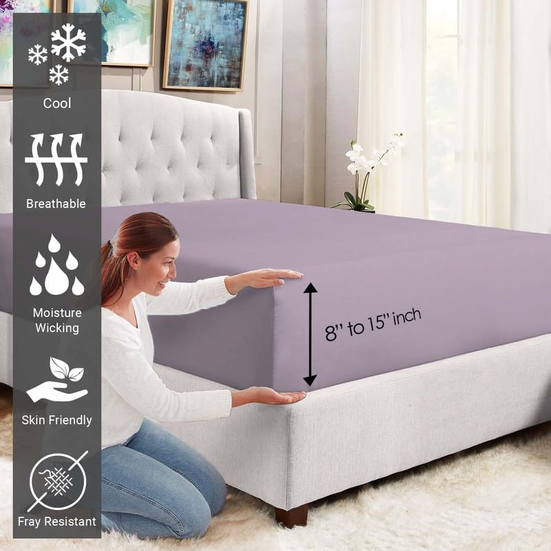 Pizuna Pure 100% Cotton Twin Fitted Sheet Lavender Frost, Luxurious 400 Thread Count Long Staple Cotton Sateen 15" Deep Pocket Twin Sheets (Combed Cotton Fitted Sheet -1PC)