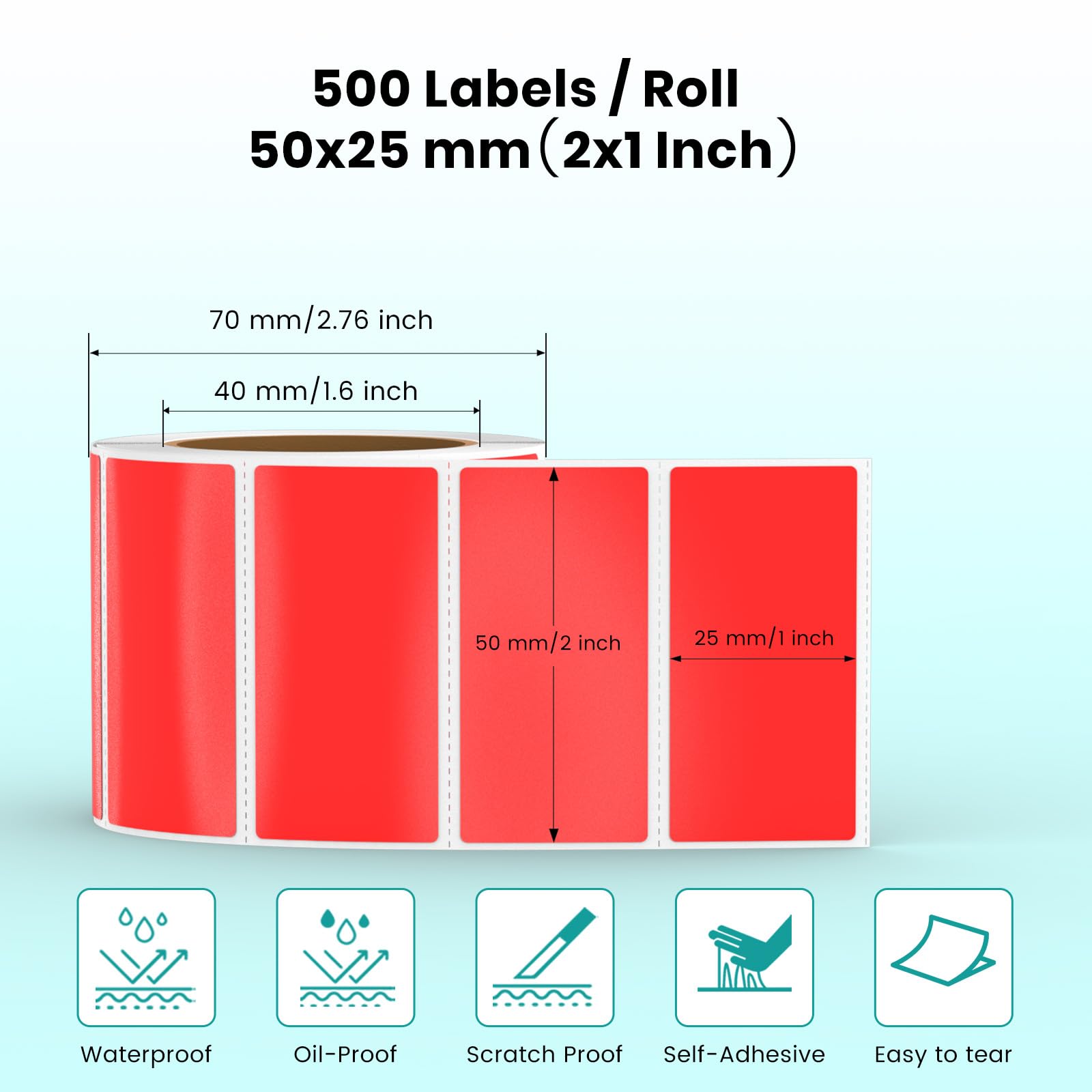 500 PCS 1??2 Inch Vinyl Thermal Labels - Red Gradient Rectangle Stickers For Direct Thermal Printers