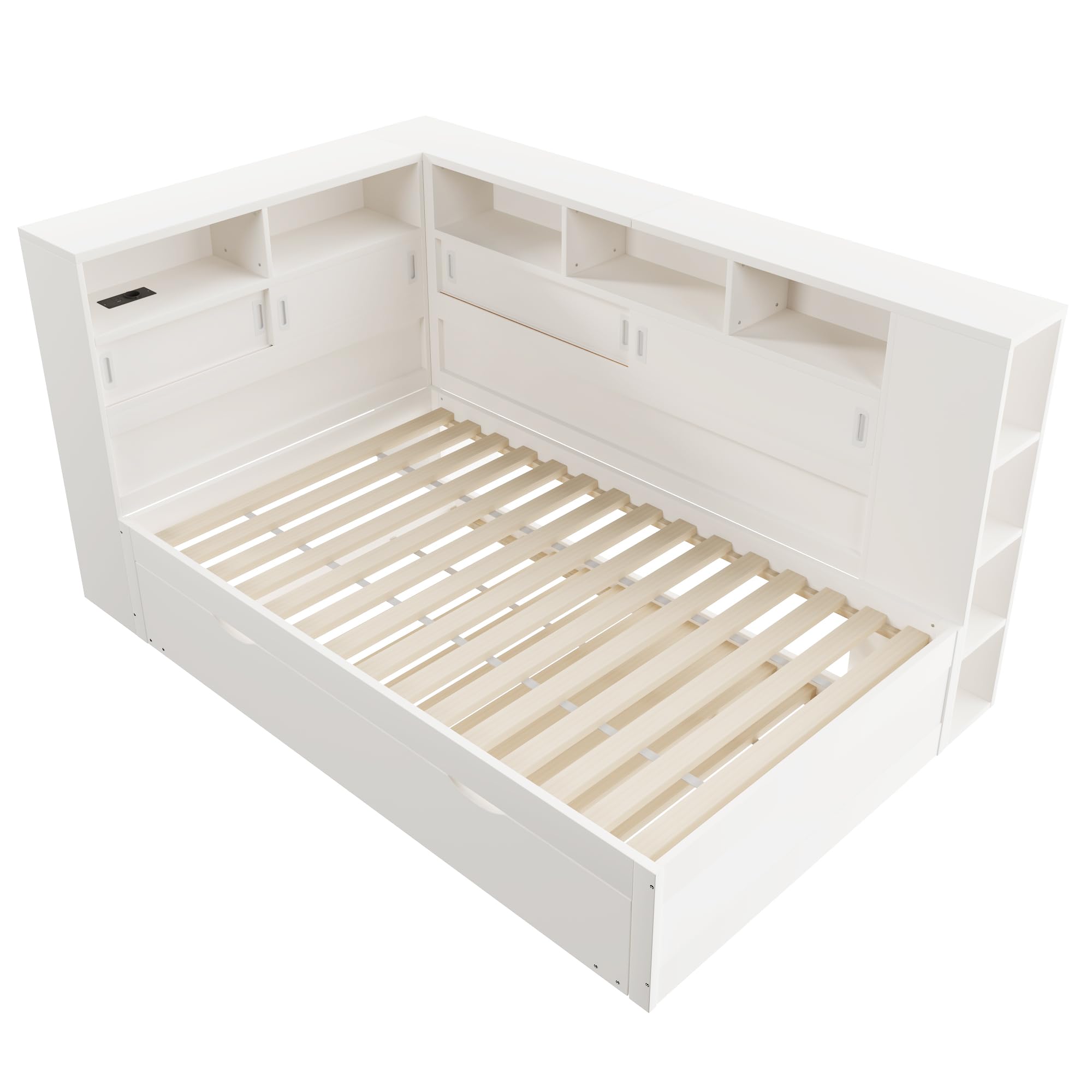 Funktionsbett | Stauraumbett | Kinderbett mit Ausziehbett, USB und Bücherregal, Kiefernholz Plattformbett mit Regal, für Erwachsene, Kinder, Jungendliche, Weiß, 90x200 (90x190)