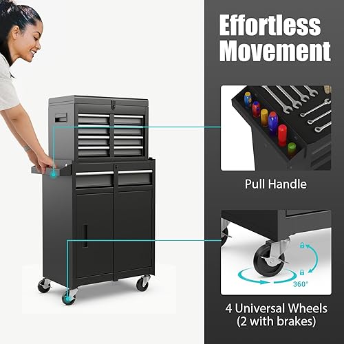 Miniatura 6 de IRONMAX Caja de herramientas con ruedas, armario de herramientas con cerradura de 5 cajones con estante ajustable y 4 ruedas universales, caja de