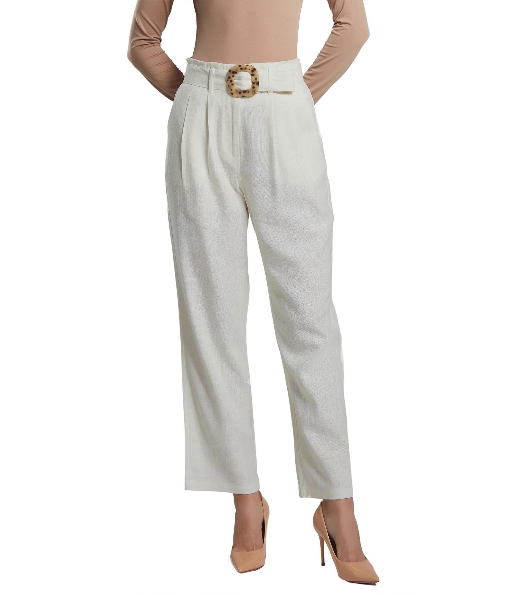 SANDY SID Womens Pants Linen Crop High Rise Small Size Straight Leg Trousers Fabric Belt Business Office Work