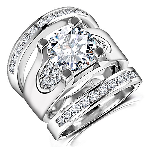 3 PCS Round Cut CZ Bridal Sets - 5.56 Ct Cubic Zirconia Silver Color Promise Engagement Wedding Rings Set for Women3