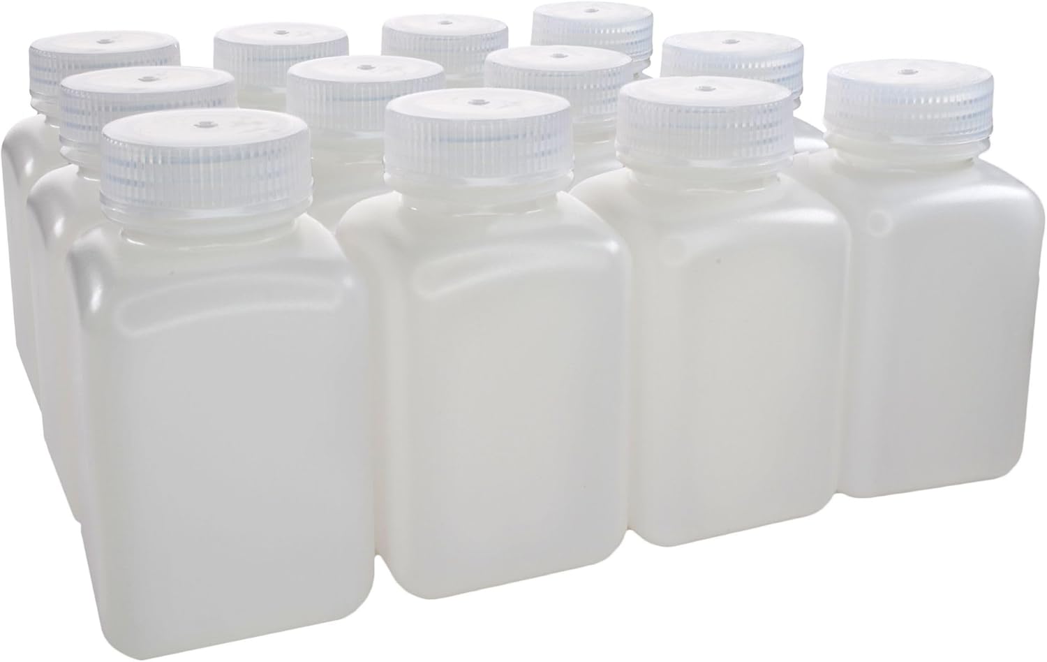EISCO - Pack of 12, 250mL Square HDPE Reagent Bottles with Wide Mouth Polypropylene Caps, Translucent, Non-Sterile, Chemical Resistant, Leak-Proof, -100°C to 120°C, Ideal for Lab and Industrial Use
