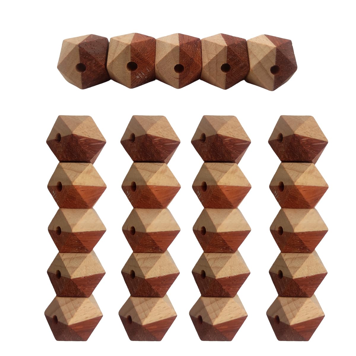 Alenybeby 50pcs Geometric Wooden Beads Beech Wood Polyhedron Faceted 20 mm DIY Wooden Spacer Beads with Hole for Garland, Macrame,DIY Craft Making Accessory