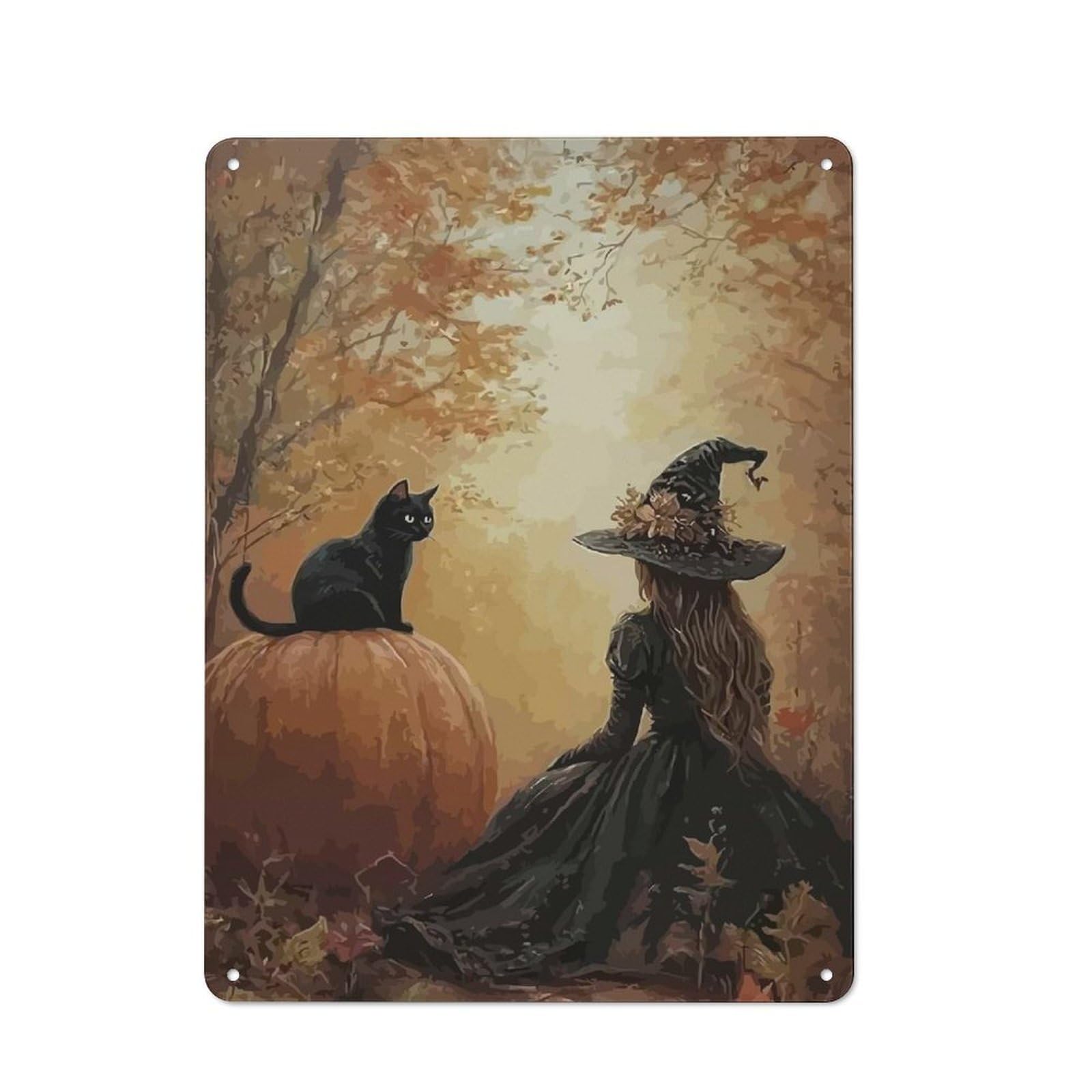 Junmoney Witch And Black Cat Metal Wall Sign 40X30cm Featuring For Living Room Wall, For Decorating Living Rooms And Feature Walls