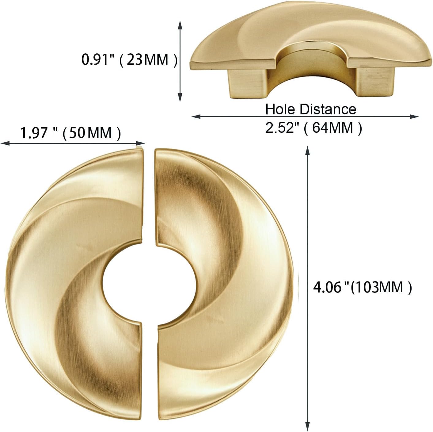 2 6-Pack 1/2" C-C Double-Hole Gold Drawer Pulls,Semicircle Kitchen Cupboard Cabinet Knobs and Handles, Brushed Gold Finish，Half Moon Furniture Hardware with Mounting Screws