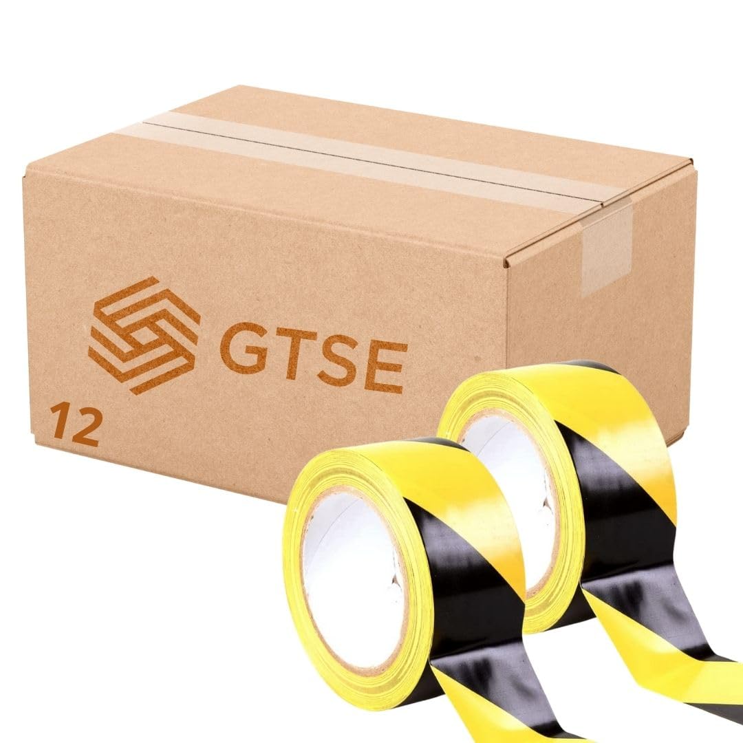 GTSE Hazard Tape Black and Yellow, 50mm (2") x 33m, Strong Adhesive Warning/Caution Tape, Floor Marking Tape, 12 Rolls
