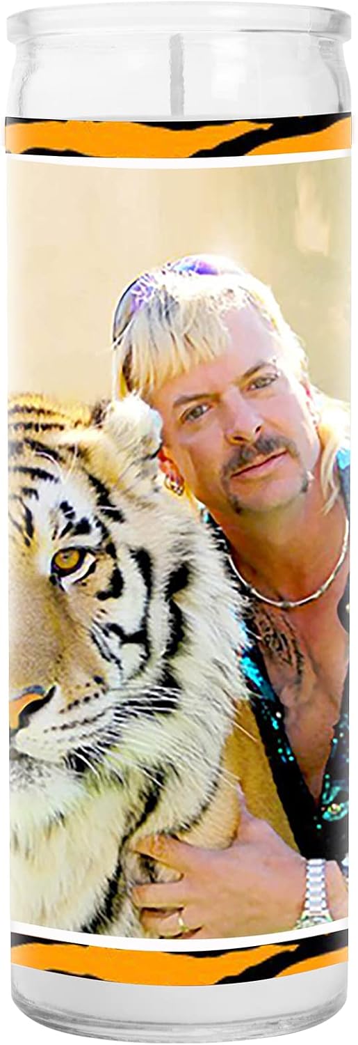 Joe Exotic Celebrity Glass Jar Candle – Unscented Handmade Soy Wax Votive Candle – Unique Gift for Tiger King Fans – Home Decor Collectible for Living Room & Office – 8 Inch