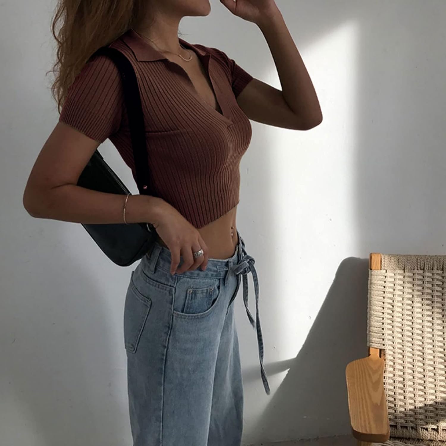 Women Knit Crop Polo Shirts,Summer Short Sleeve Ribbed Collared T-Shirt Solid Fitted V Neck Tops