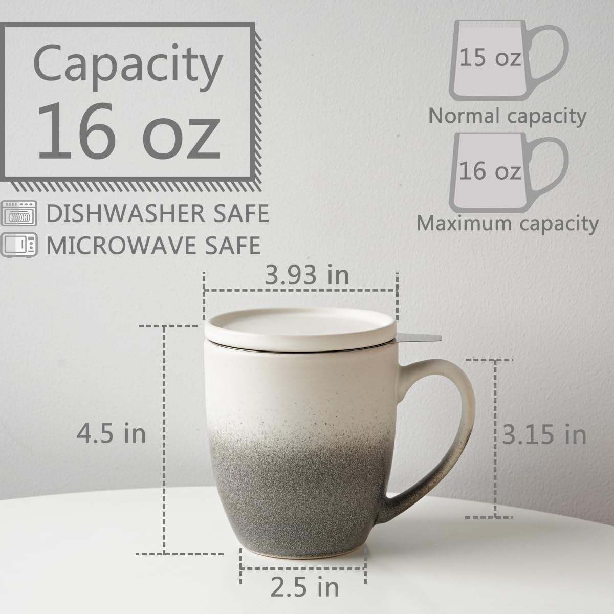 Bosmarlin Ceramic Tea Cup with Infuser and Lid, 16 Oz, 3 Colors to Choose, Microwave and Dishwasher Safe, Steeping Tea Mug with Strainer, Matte Reactive Glaze (16 Oz, Grey White) - Image 2