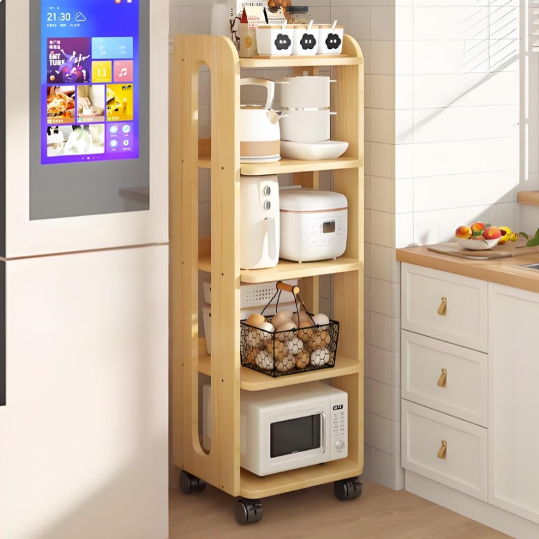 YVYKFZD Narrow Standing Shelf, Wooden Slim Storage Cart, Rolling Kitchen Utility Cart with Wheels, Freestanding Bathroom Organizer, for Dining Room, Pantry, Bakers(Wood,5 Tier 10.6"x10.2"x50.9")