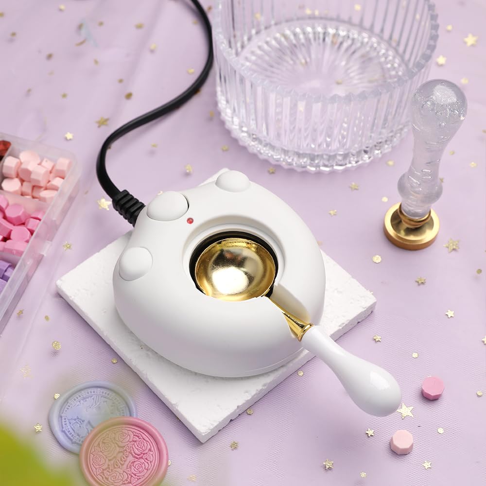 Kit de chauffe-cire électrique avec cuillère et pince à épiler – Excellent outil pour sceaux, tampons et bâtons de fonte, perles d'étanchéité (blanc)
