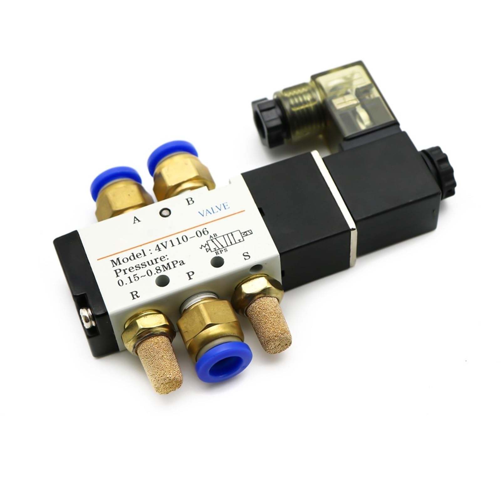 4V110-06 Electroválvula neumática de 1/8 pulgadas Válvula de 5 vías Puerto 2 Posiciones Válvulas magnéticas eléctricas Aire Gas DC12V 24V 110V220V Volt Bobina (LED W 6mm Fittings,AC 220V)