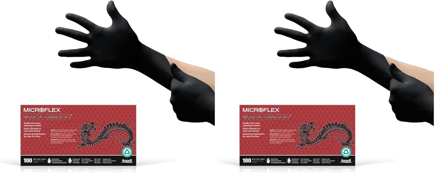Ansell MICROFLEX Black Dragon BD-100L Heavy Duty 6.7 mil Latex Exam Gloves for Automotive, Food, Life Sciences, Healthcare, Size 8 (M), Black (Case of 2000)