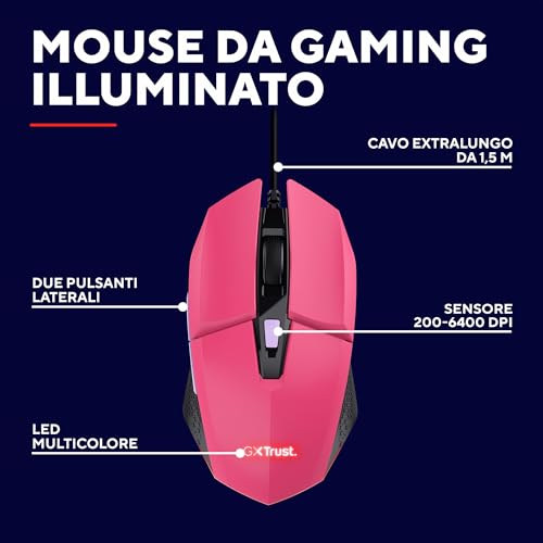 GXT 109P Felox Mouse Gaming con 6 Pulsanti Programmabili, Illuminazione LED Multicolore, Software Incluso, 200-6400 DPI, Mouse con Filo USB 150 cm per PC, Portatile, Computer - Rosa - Mouse gaming - Immagine 1