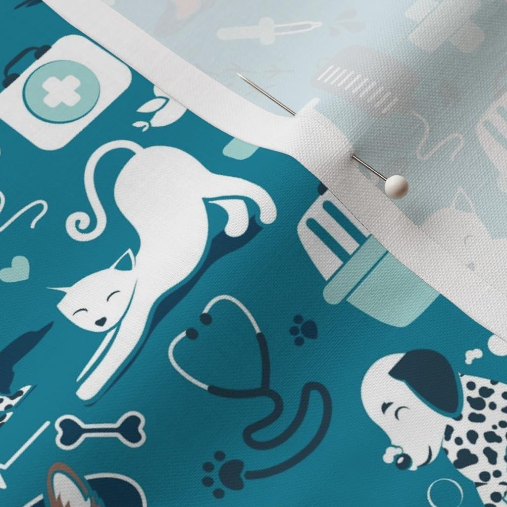 Spoonflower Fabric - Vet Medicine Happy Friends Small Scale Turquoise Background Aqua Navy Printed on Petal Signature Cotton Fabric by The Yard - Sewing Quilting Apparel Crafts Decor