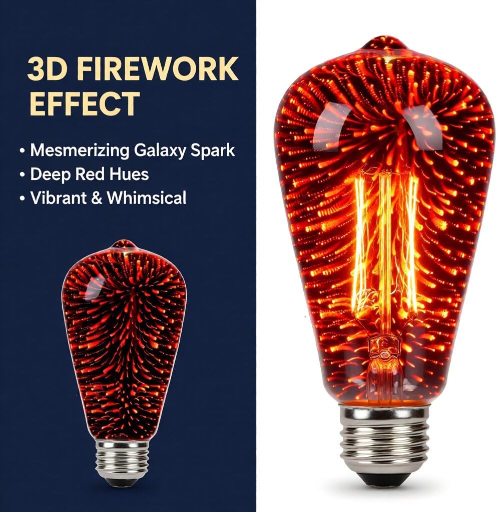 SLEEKLIGHTING Red 3D Fairy Like Firework Light Bulb with Galaxy Inspired Light ST19 LED Medium Base Lightbulb for Most Lamp Pendant and Ceiling Fixture Red Colored Decorative Style Light Bulb