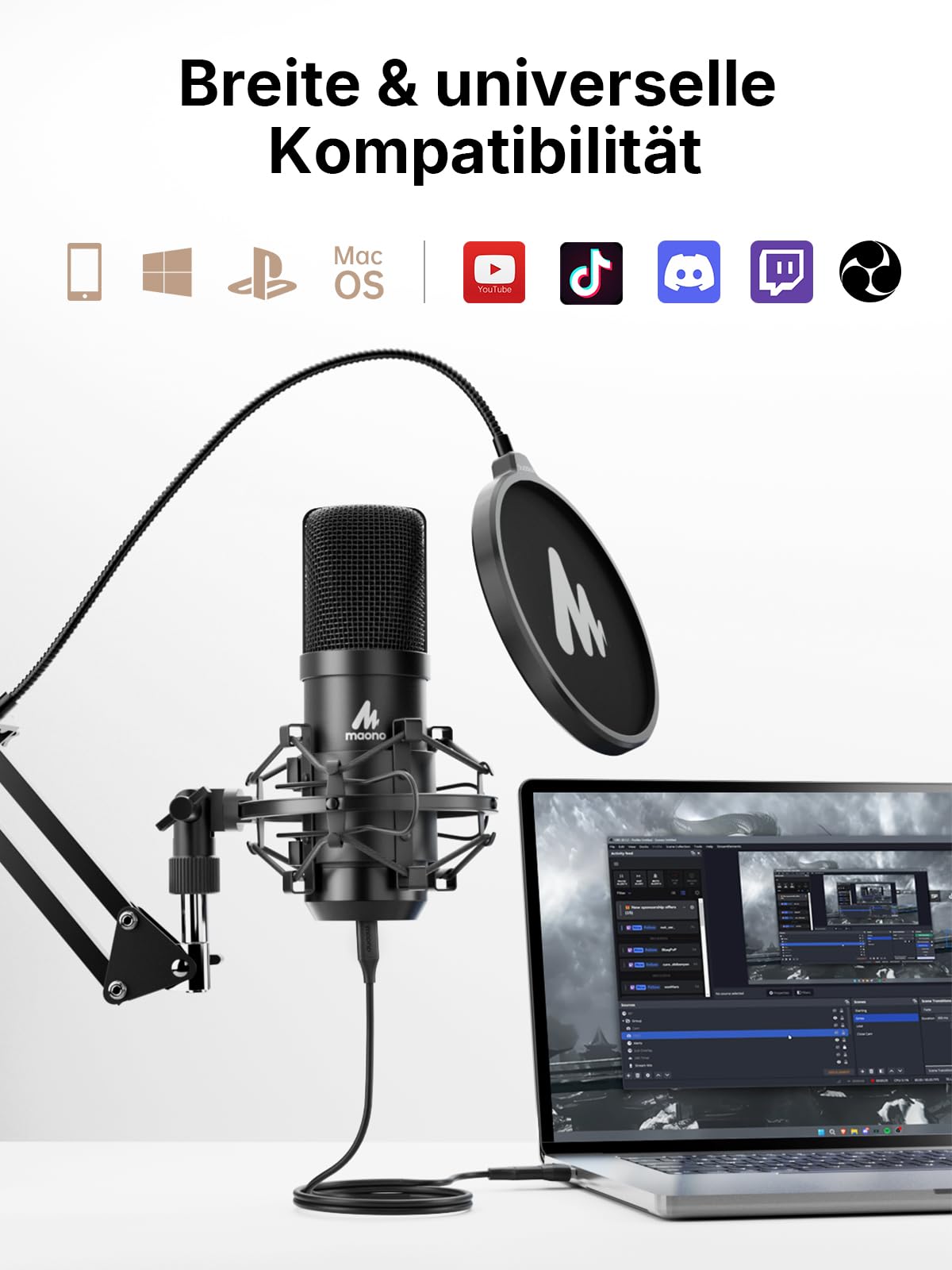 MAONO XLR/USB PC Mikrofon Set: 192kHz/24bit Studioqualität, Plug & Play, 3-stufige Rauschunterdrückung, 4 Presets. Metallmikrofon-Kit mit Software für Podcast, Streaming, Aufnahmen, Gesang, A04 Gen2