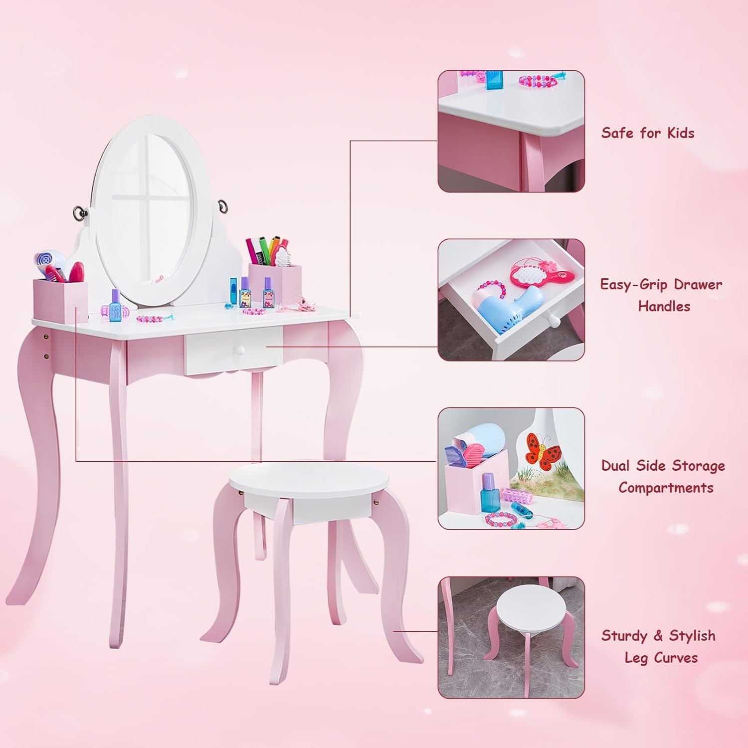 Kids Wooden Vanity Set Princess Dressing Table, Rotating Mirror and Stool, Anti Slip Foot Pads Curved Legs for Girls Bedroom Playroom